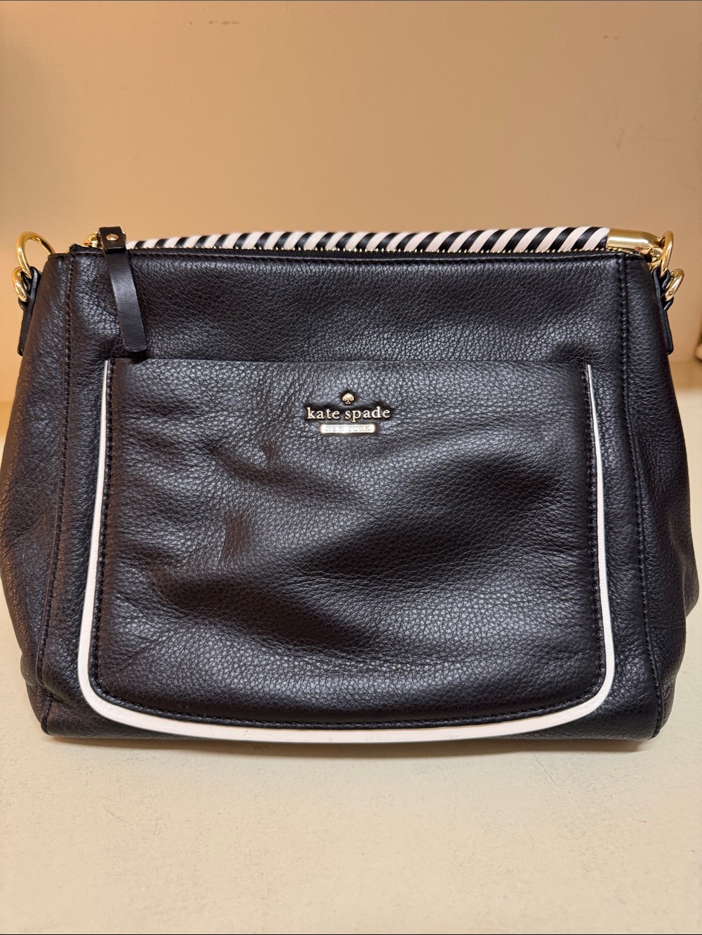 kate spade Black Leather Shoulder Bag with White Trim